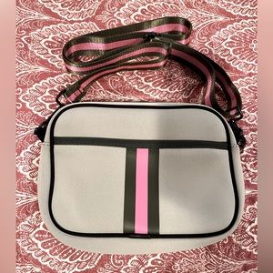 HAUTE SHORE Cream Crossbody Bag with Pink and Black Stripes